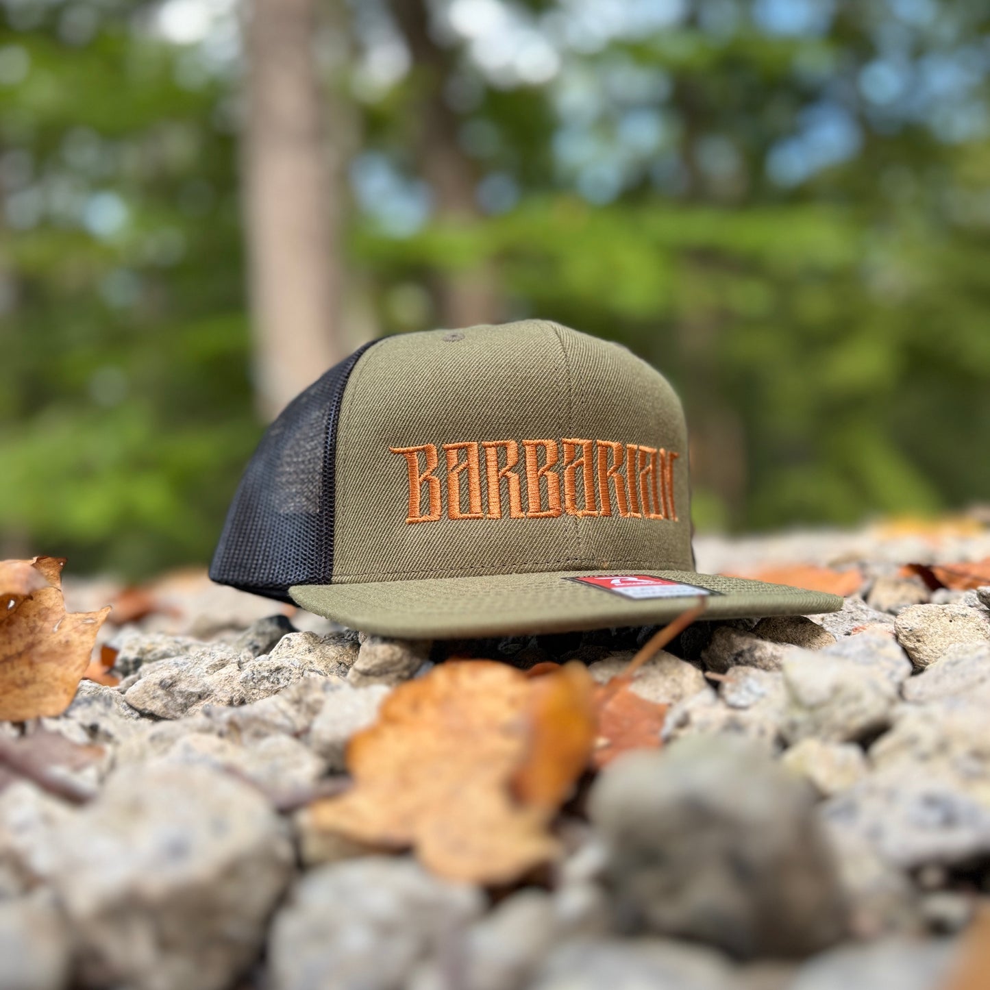 Flat Bill Trucker Hat [Olive/Black] Copper Embroidery