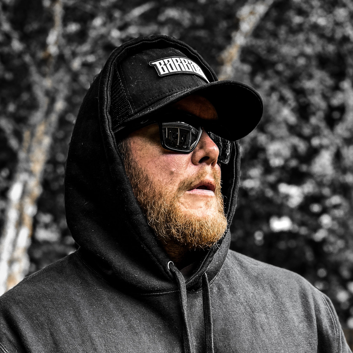 Flat Bill Trucker Hat [Black/Black] PVC Patch