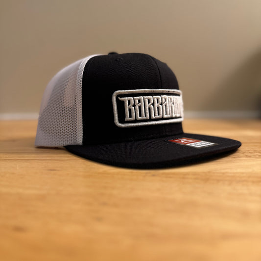 Flat Bill Trucker Hat [White/Black] - White/Black Embroidered Patch