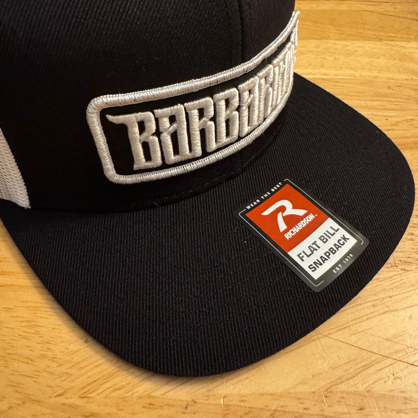 Flat Bill Trucker Hat [White/Black] - White/Black Embroidered Patch