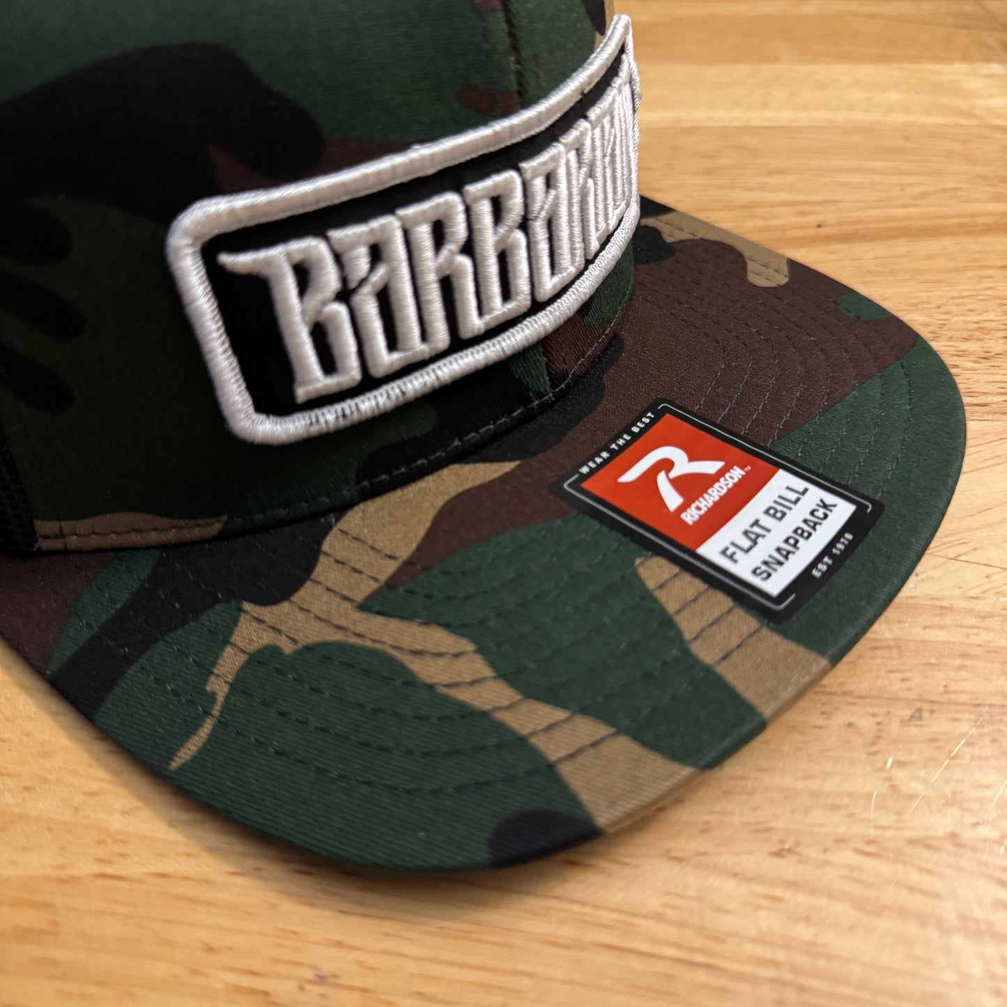 Flat Bill Trucker Hat [Camo/Black] Embroidered Patch