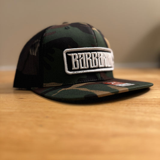 Flat Bill Trucker Hat [Camo/Black] Embroidered Patch