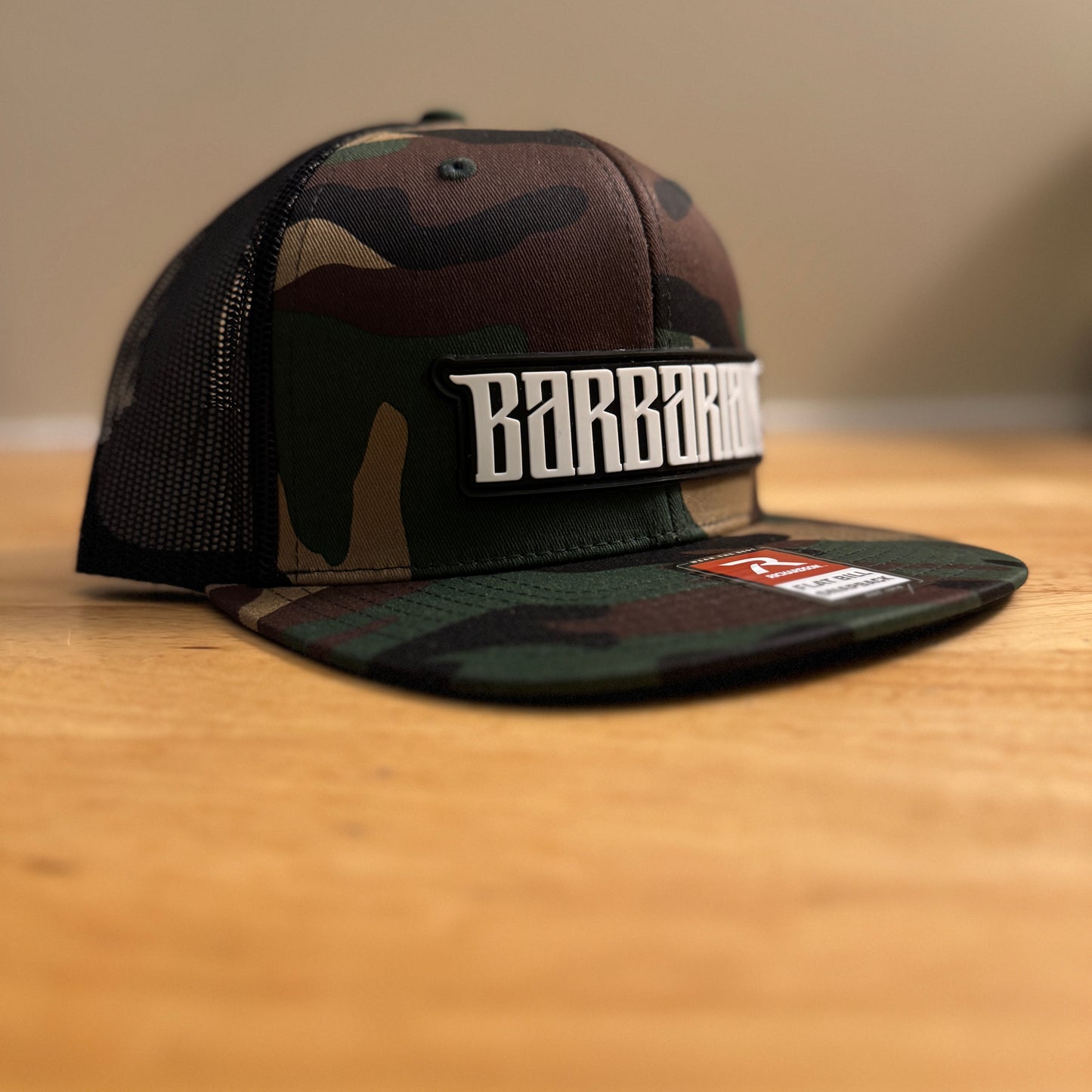 Flat Bill Trucker Hat [Camo/Black] PVC Patch