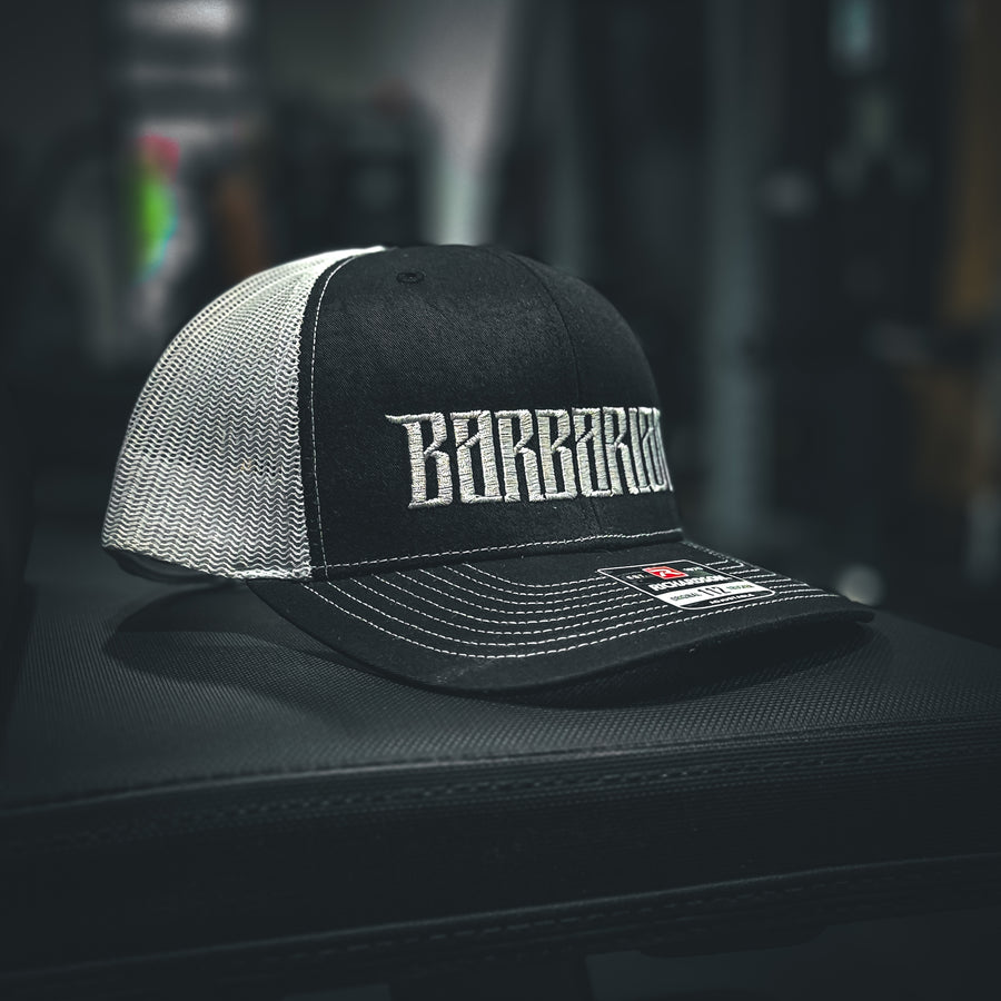 Barbarian Classic Logo Trucker Hat [Richardson 112] – Black/White / White Embroidery
