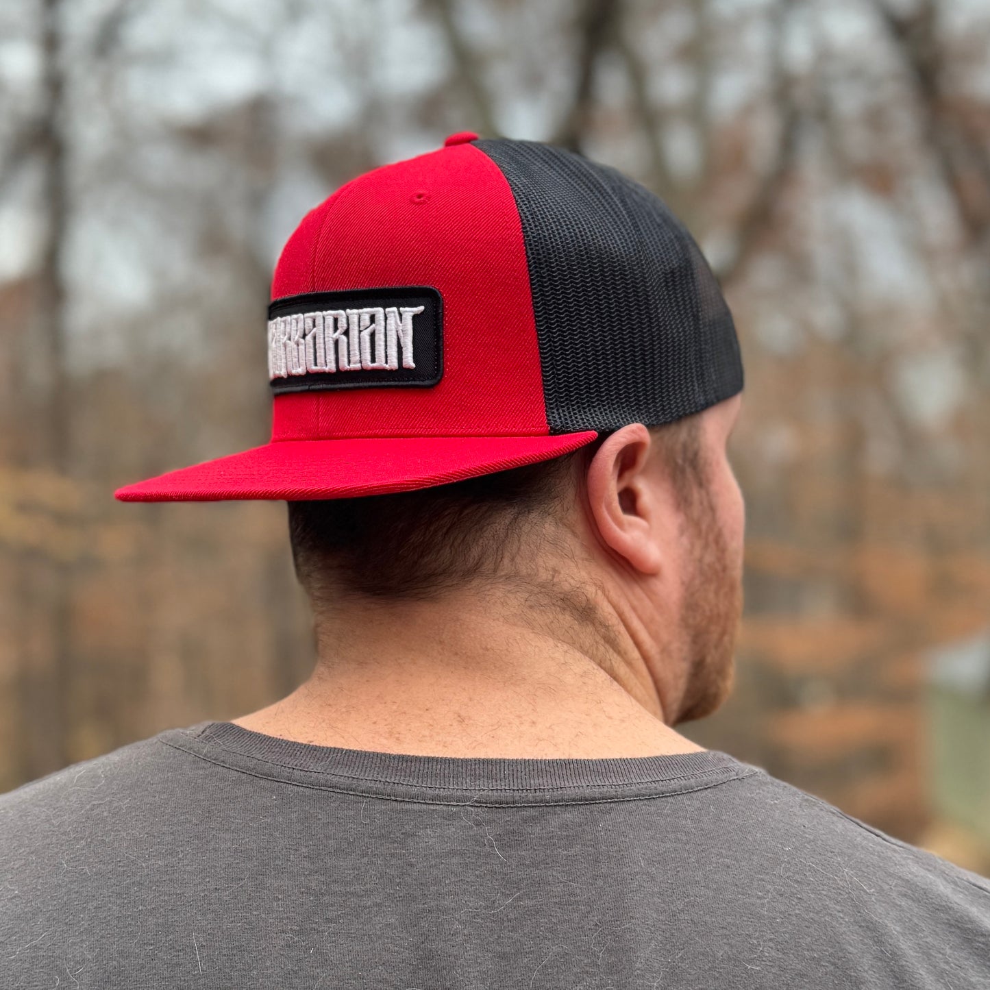 Flat Bill Trucker Hat [Red/Black] Embroidered Patch