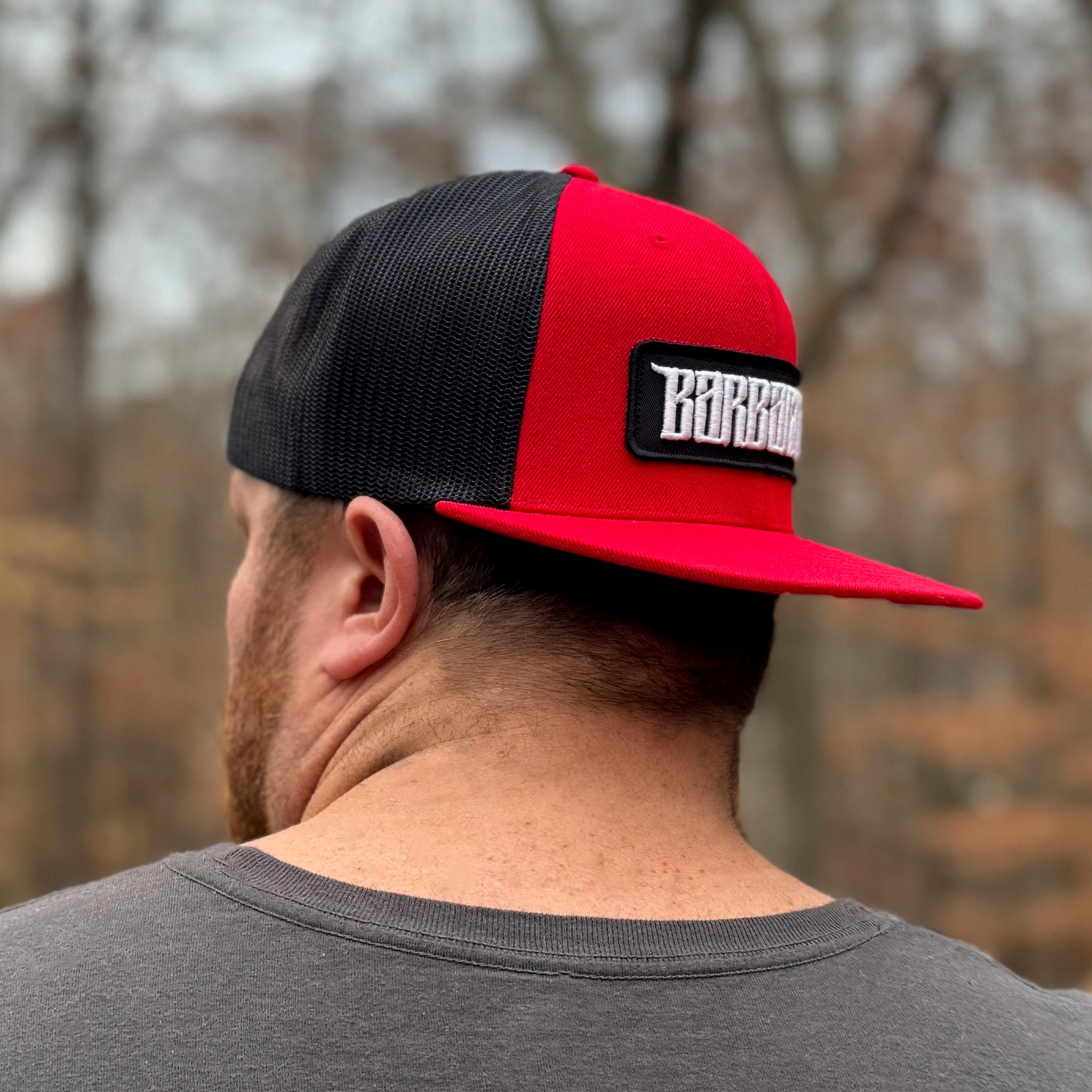 Flat Bill Trucker Hat [Red/Black] Embroidered Patch