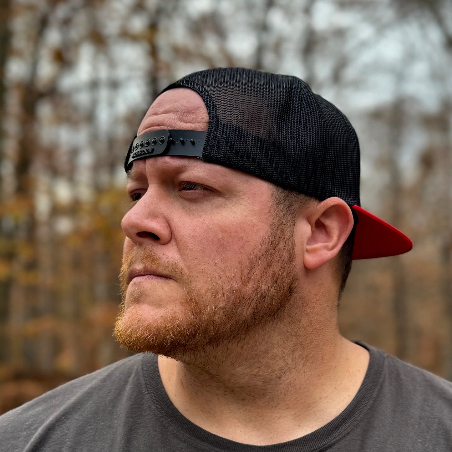 Flat Bill Trucker Hat [Red/Black] Embroidered Patch