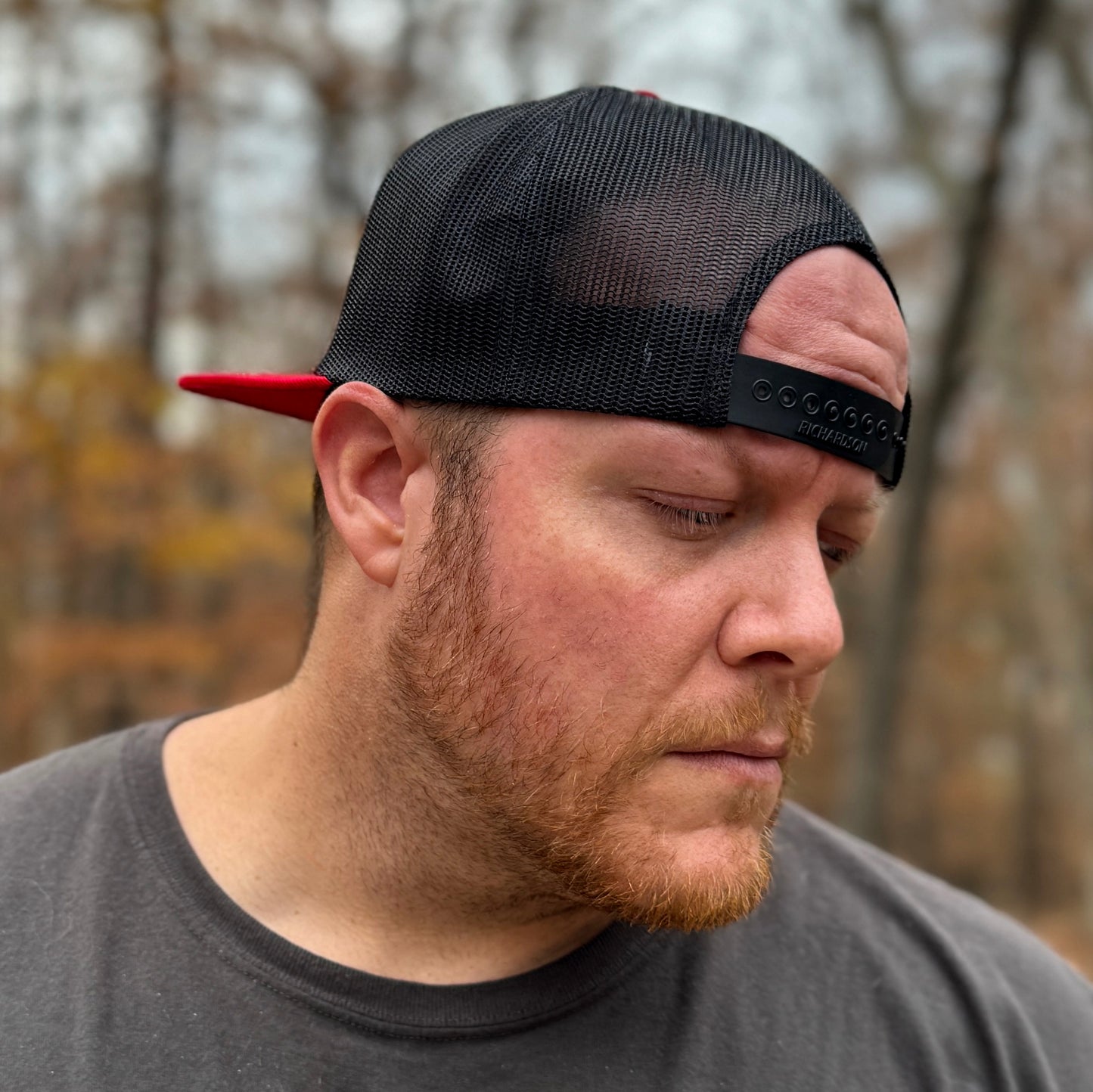 Flat Bill Trucker Hat [Red/Black] Embroidered Patch