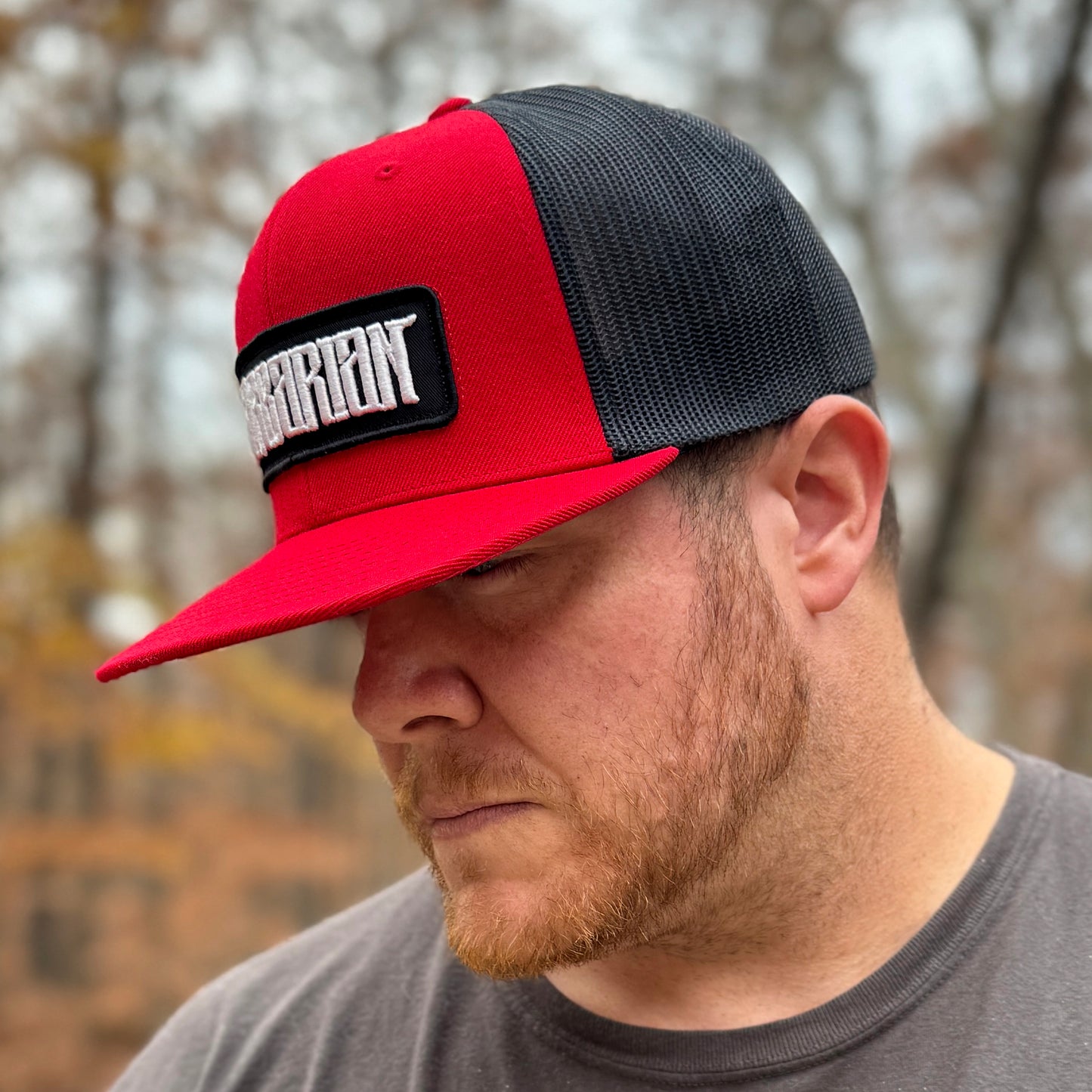 Flat Bill Trucker Hat [Red/Black] Embroidered Patch