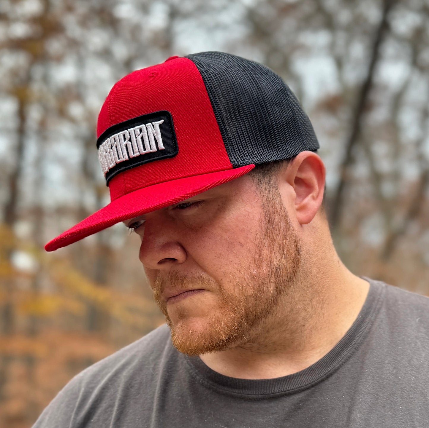 Flat Bill Trucker Hat [Red/Black] Embroidered Patch